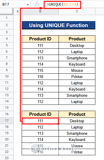 Using the UNIQUE Function to Find and Remove Duplicates in Google Sheets